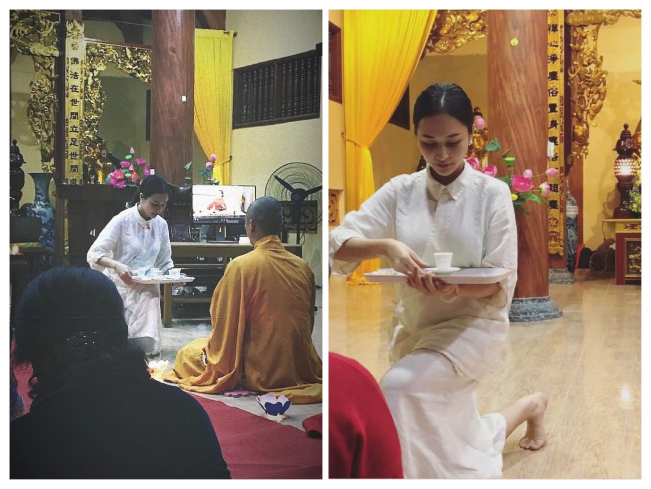 Thanh Trang biểu diễn trà cho Phật tử ở chùa Cổ Am (Hưng Yên)