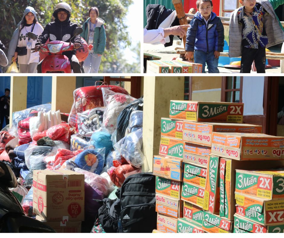 Cùng nhiều phần quà đặc biệt được chuẩn bị như bánh kẹo, mì, áo ấm, cặp sách,... đã được trao tặng tới người dân 